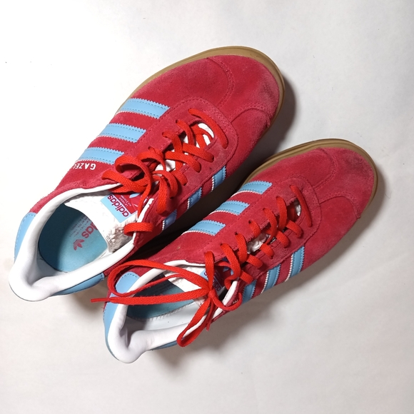 Adidas Gazelle Red Suede Sneakers Light Blue Stripes Unisex Women's 8.5 Mens 7.5 - Picture 4 of 7